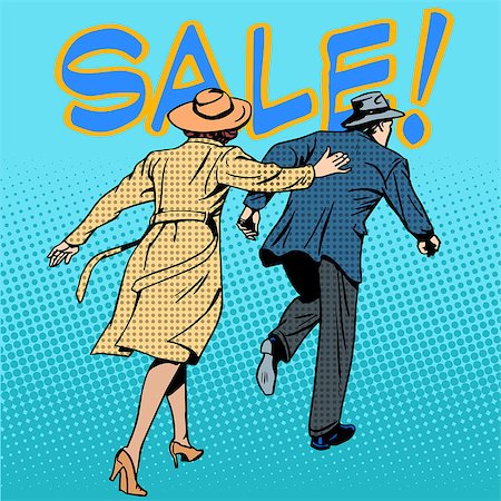 family running sale retro style pop art. The husband and wife are rushing to the store. Business concept discounts and buy Foto de stock - Royalty-Free Super Valor e Assinatura, Número: 400-08255818