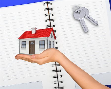 Humans hand holding house with keys and open notebook Stock Photo - Budget Royalty-Free & Subscription, Code: 400-08255960