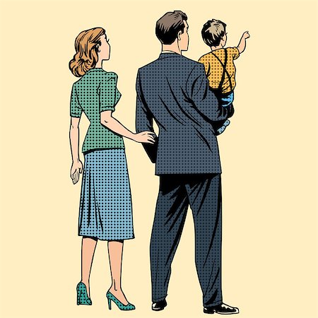 simsearch:400-08196065,k - Family dad mom son baby boy back. Man and woman in retro pop art style Stock Photo - Budget Royalty-Free & Subscription, Code: 400-08256080