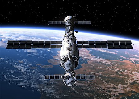 simsearch:400-08221425,k - Space Station Orbiting Planet Earth. 3D Scene. Stockbilder - Microstock & Abonnement, Bildnummer: 400-08256107