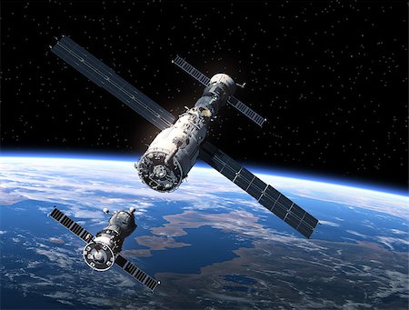 simsearch:400-08705583,k - Spacecraft And Space Station Orbiting Earth. 3D Scene. Photographie de stock - Aubaine LD & Abonnement, Code: 400-08256108