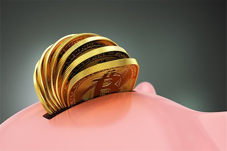 Putting Many Bitcoins Into Piggy Bank. 3D Scene. Stock Photo - Budget Royalty-Free & Subscription, Code: 400-08256101