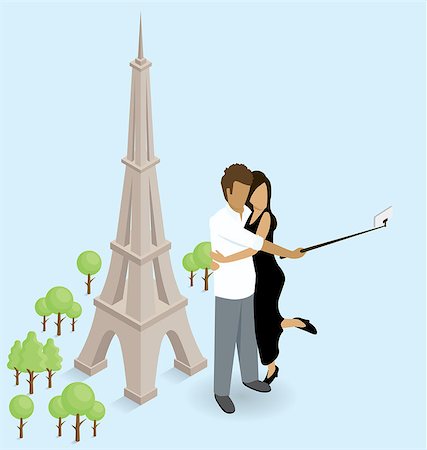 Vector flat isometric сouple making selfie near the Eiffel Tower in Paris Stock Photo - Budget Royalty-Free & Subscription, Code: 400-08256178