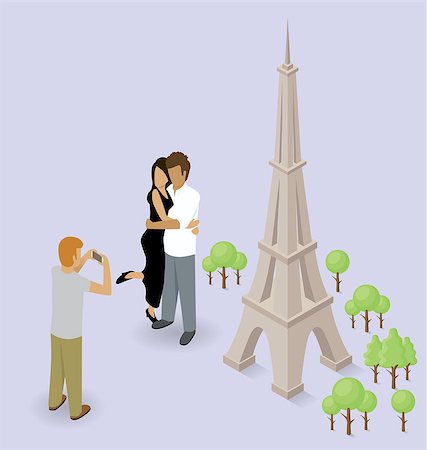 Vector flat isometric сouple making selfie near the Eiffel Tower in Paris Stock Photo - Budget Royalty-Free & Subscription, Code: 400-08256179