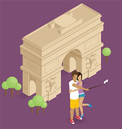 Vector flat isometric сouple making selfie near the triumphal arch in Paris Photographie de stock - Aubaine LD & Abonnement, Code: 400-08256180