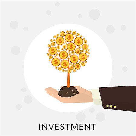 dollar sign with plants - Human hand with gold money tree. Investment concept illustration Stock Photo - Budget Royalty-Free & Subscription, Code: 400-08256260