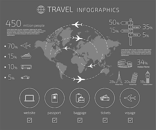 Contour drawing of travel infographic template isolated on gray background. Text outlined. Free font used - Exo 2 and Open Sans Stock Photo - Royalty-Free, Artist: Julia_Tim, Image code: 400-08256262