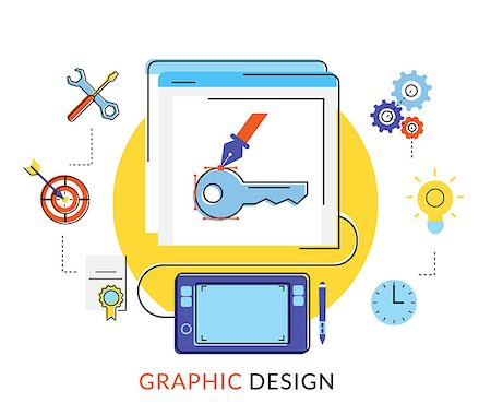 simsearch:400-08530598,k - Flat contour illustration of graphic design on the computer screen with professional icons. Stock Photo - Budget Royalty-Free & Subscription, Code: 400-08256284