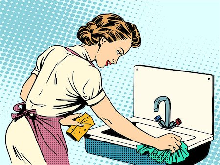 sponge bath woman - woman cleans kitchen sink cleanliness housewife housework comfort retro style pop art Stock Photo - Budget Royalty-Free & Subscription, Code: 400-08256301