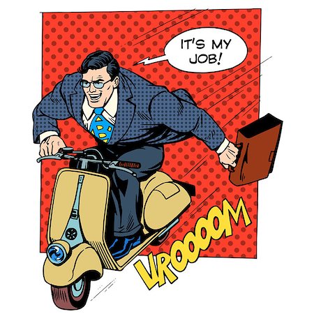 simsearch:400-08620768,k - Businessman rushing to work on a scooter retro style pop art business business concept Stock Photo - Budget Royalty-Free & Subscription, Code: 400-08256587