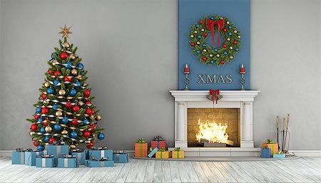 empty old living room - Christmas interior with classic fireplace,tree,present and wteath - 3d Rendering Foto de stock - Super Valor sin royalties y Suscripción, Código: 400-08256750