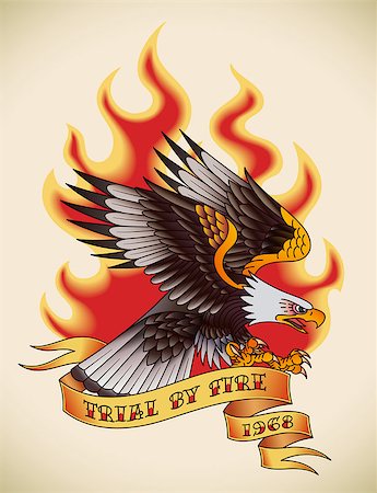 simsearch:400-05698463,k - Bald eagle attacking through the fire and flames. Old-school tattoo design. Editable vector illustration. Photographie de stock - Aubaine LD & Abonnement, Code: 400-08256767