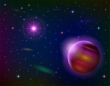 simsearch:400-06425552,k - Fantastic space background with unexplored planet, lilac sun, stars and nebulas. Vector eps10, contains transparencies Photographie de stock - Aubaine LD & Abonnement, Code: 400-08256854