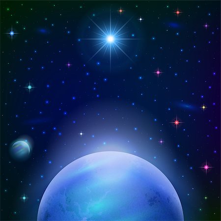 simsearch:400-06425552,k - Fantastic space background with unexplored blue planet, satellite, sun, stars and nebulas. Elements of this image furnished by NASA. Vector eps10, contains transparencies Photographie de stock - Aubaine LD & Abonnement, Code: 400-08256857