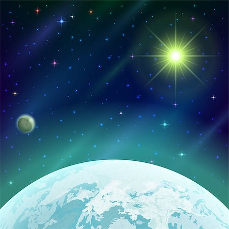 simsearch:400-06425552,k - Fantastic space background with unexplored green planet, satellite, sun, stars and nebulas. Elements of this image furnished by NASA. Vector eps10, contains transparencies Photographie de stock - Aubaine LD & Abonnement, Code: 400-08256859