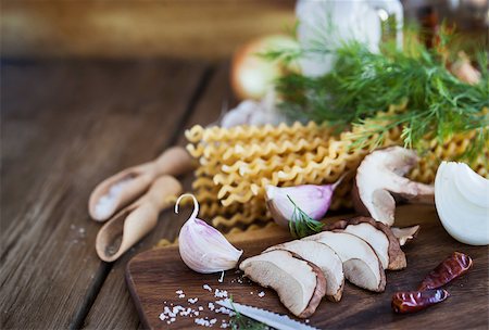 simsearch:400-03992643,k - Ingredients for porcini pasta on cutting board, making process Stock Photo - Budget Royalty-Free & Subscription, Code: 400-08256886