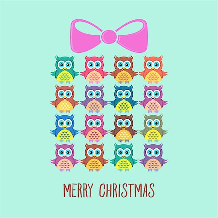 Cute merry christmas card with owls and present Stock Photo - Budget Royalty-Free & Subscription, Code: 400-08257024