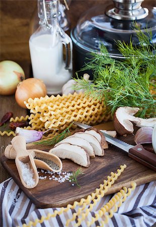simsearch:400-03992643,k - Ingredients for porcini pasta on cutting board, making process Stock Photo - Budget Royalty-Free & Subscription, Code: 400-08257581
