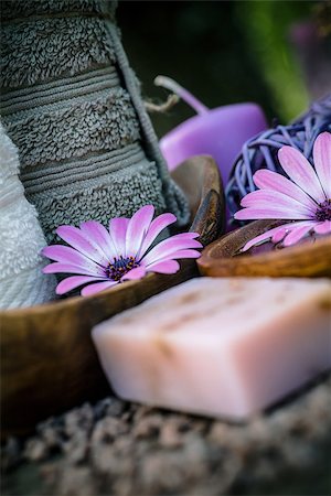 simsearch:400-05902613,k - Spa and wellness setting with natural soap, candles and towel. Violet dayspa nature set dayspa nature set Foto de stock - Royalty-Free Super Valor e Assinatura, Número: 400-08257703