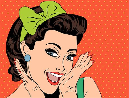flirt women open mouth - Pop Art illustration of girl.  Pop Art girl. Vintage advertising poster. Fashion woman with bow Stock Photo - Budget Royalty-Free & Subscription, Code: 400-08257797