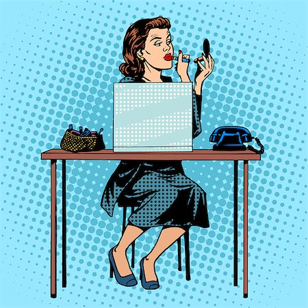 red lipstick art - Businesswoman putting on lipstick in the office for work space. Beauty and makeup pop art retro style Stock Photo - Budget Royalty-Free & Subscription, Code: 400-08257881