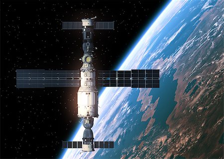 simsearch:400-08705583,k - Space Station Orbiting Earth. Realistic 3D Scene. Photographie de stock - Aubaine LD & Abonnement, Code: 400-08258078