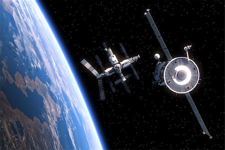simsearch:400-08221425,k - The Spacecraft Flies To Space Station. 3D Scene. Stockbilder - Microstock & Abonnement, Bildnummer: 400-08258085