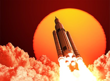 simsearch:400-08705583,k - Space Launch System Takes Off On The Background Of Sunrise. 3D Scene. Photographie de stock - Aubaine LD & Abonnement, Code: 400-08258082
