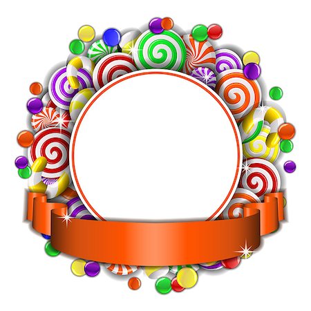 red circle lollipop - Sweet frame of red and white candies with orange ribbon. Vector illustration Stock Photo - Budget Royalty-Free & Subscription, Code: 400-08258203