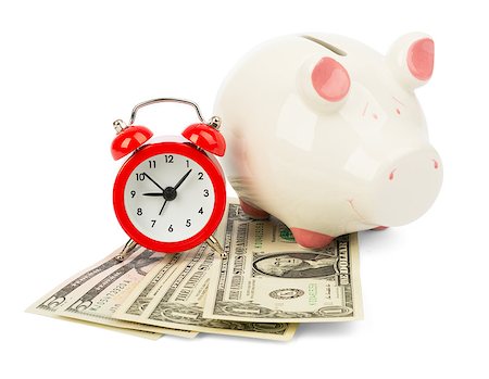 Piggy bank with cash and alarm clock on isolated white background Stock Photo - Budget Royalty-Free & Subscription, Code: 400-08258273