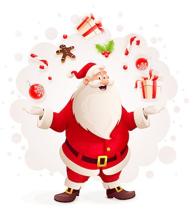 Merry Santa Claus juggles with Christmas gifts and sweets as magician. Eps10 vector illustration. Isolated on white background Photographie de stock - Aubaine LD & Abonnement, Code: 400-08258394