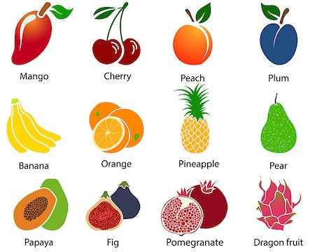 Set of cute fruit icons with title over white background. Vector illustration. Stock Photo - Budget Royalty-Free & Subscription, Code: 400-08258673