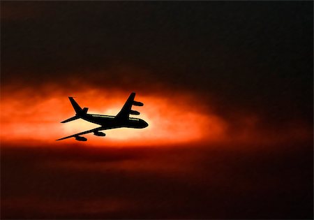 simsearch:693-03310514,k - Passenger jet airplane silhouette in blurred sunset sky. Vector illustration. Foto de stock - Royalty-Free Super Valor e Assinatura, Número: 400-08258684