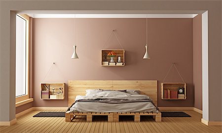 simsearch:400-07796866,k - Bedroom with pallet bed and wooden crates used as nightstands - 3D Rendering Stock Photo - Budget Royalty-Free & Subscription, Code: 400-08258778