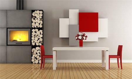 simsearch:400-04196177,k - Contemporary dining  room with fireplace - 3D Rendering Stock Photo - Budget Royalty-Free & Subscription, Code: 400-08258779