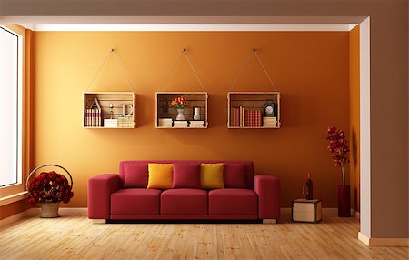 Living room with red sofa and wooden crates used as a bookcase  - 3D Rendering Photographie de stock - Aubaine LD & Abonnement, Code: 400-08258784