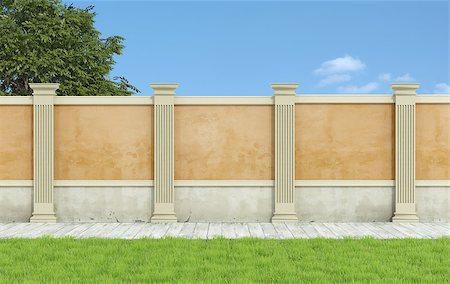 simsearch:400-08554639,k - Empty classic garden with orange wall and pilaster and wooden floor - 3D Rendering Stock Photo - Budget Royalty-Free & Subscription, Code: 400-08258785