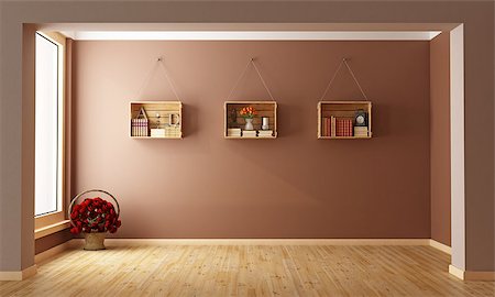 pilaster - Empty Living room with  wooden crates used as a bookcase- 3D Rendering Stockbilder - Microstock & Abonnement, Bildnummer: 400-08258781