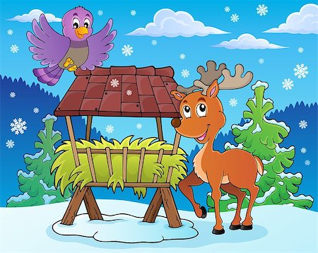 simsearch:400-08796624,k - Hay rack with reindeer and bird - eps10 vector illustration. Foto de stock - Super Valor sin royalties y Suscripción, Código: 400-08259104