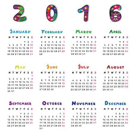 Graphic illustration of a full calendar of the year 2016 with original hand drawn text and decorated capital letters for kids Photographie de stock - Aubaine LD & Abonnement, Code: 400-08259210