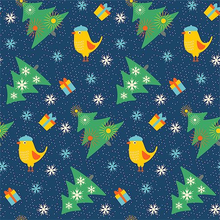 simsearch:400-05724880,k - Seamless Christmas pattern with fir-trees, birds and gifts. Vector illustration. Photographie de stock - Aubaine LD & Abonnement, Code: 400-08259284