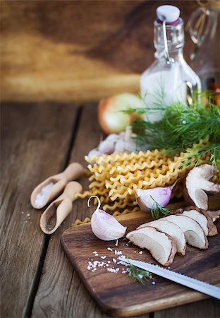 simsearch:400-03992643,k - Ingredients for porcini pasta on cutting board, making process Stock Photo - Budget Royalty-Free & Subscription, Code: 400-08259349