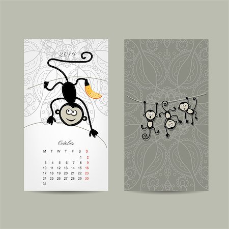 Calendar grid design. Monkey, symbol of year 2016. Vector illustration Stock Photo - Budget Royalty-Free & Subscription, Code: 400-08259430