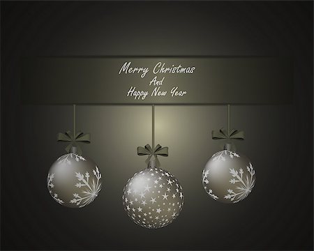 simsearch:400-07174470,k - Elegant Christmas greeting card with ribbon and fir balls hanged on it. Sepia background with copy space.  Also suitable for New Year design.  Vector Illustration. Stock Photo - Budget Royalty-Free & Subscription, Code: 400-08259448