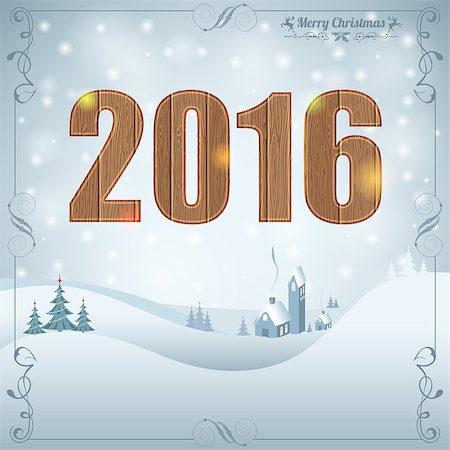 decor home new year - New Year Background with Wooden 2016, Retro Frame, Tree and House. Vector Template for Cover, Flyer, Brochure. Stock Photo - Budget Royalty-Free & Subscription, Code: 400-08259442