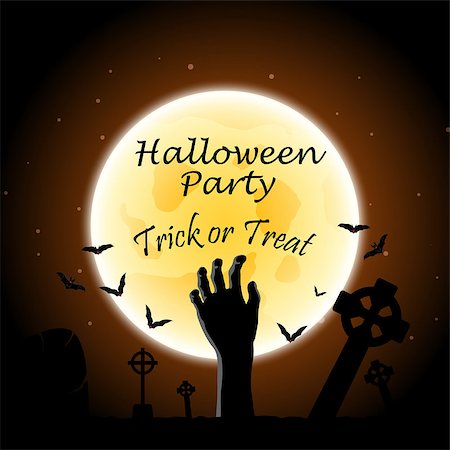 Happy Halloween Greeting Card. Elegant Design With Zombie Hand, Bat, Grave, Cemetery and Moon  Over Grunge Dark Blue Starry Sky Background. Vector illustration. Stock Photo - Budget Royalty-Free & Subscription, Code: 400-08259459