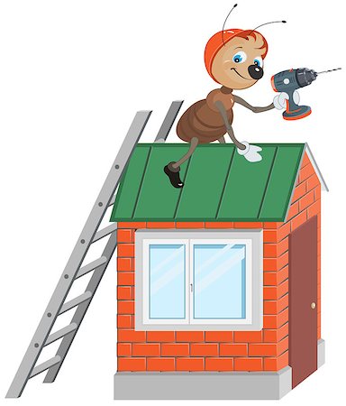 drill and cartoon - Ant worker with drill repairing roof. Isolated on white vector illustration Stock Photo - Budget Royalty-Free & Subscription, Code: 400-08259503