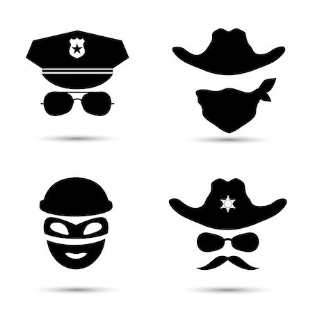 simsearch:400-08157148,k - Set of black vector icons isolated on white. Policeman icon.  Theif icon. Sheriff icon. Cowboy icon Stock Photo - Budget Royalty-Free & Subscription, Code: 400-08259709