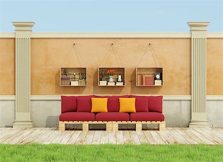 red cushion on a sofa - Classic garden with red pallet sofa on wooden floor - 3D Rendering Stock Photo - Budget Royalty-Free & Subscription, Code: 400-08259745