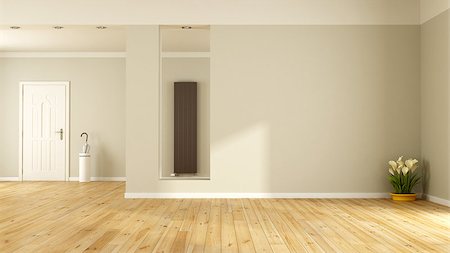Empty living room with front door and vertical heater - 3D Rendering Stockbilder - Microstock & Abonnement, Bildnummer: 400-08259747